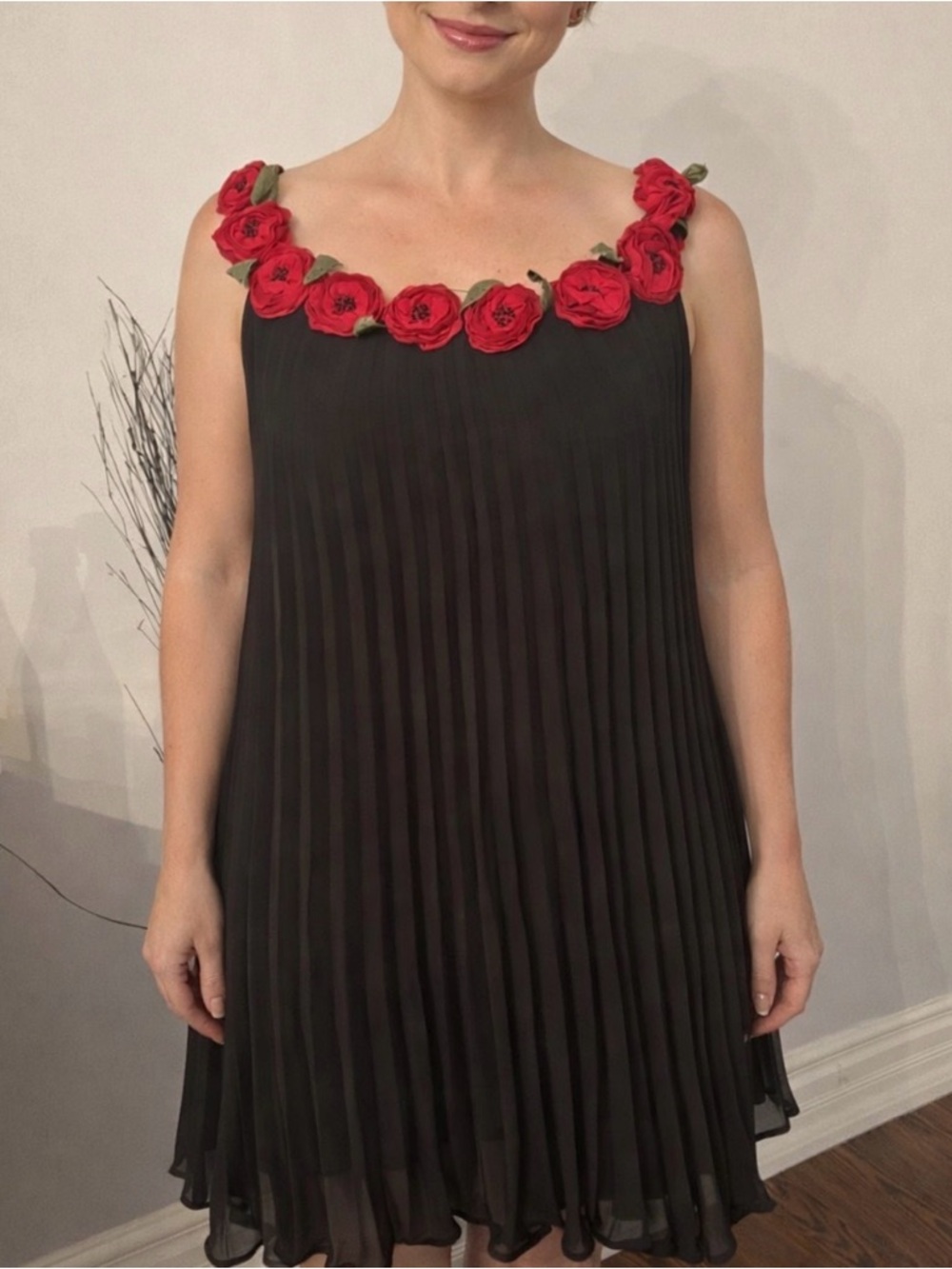 Silk Rosette Neckline Black Pleated Dress by SHANI